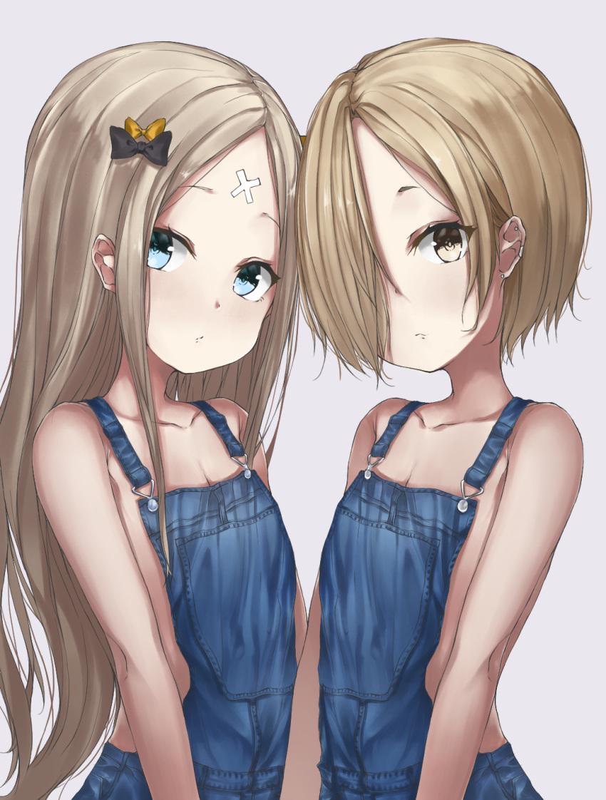 2girls abigail_williams_(fate/grand_order) bandaid_on_forehead bangs bare_shoulders black_bow blonde_hair blue_eyes blush bow breasts collarbone crossed_bandaids crossover fate/grand_order fate_(series) forehead hair_bow hair_over_one_eye highres idolmaster idolmaster_cinderella_girls long_hair looking_at_viewer multiple_girls multiple_hair_bows naked_overalls open_mouth orange_bow overalls parted_bangs parusu_(ehyfhugj) shirasaka_koume short_hair simple_background small_breasts white_background