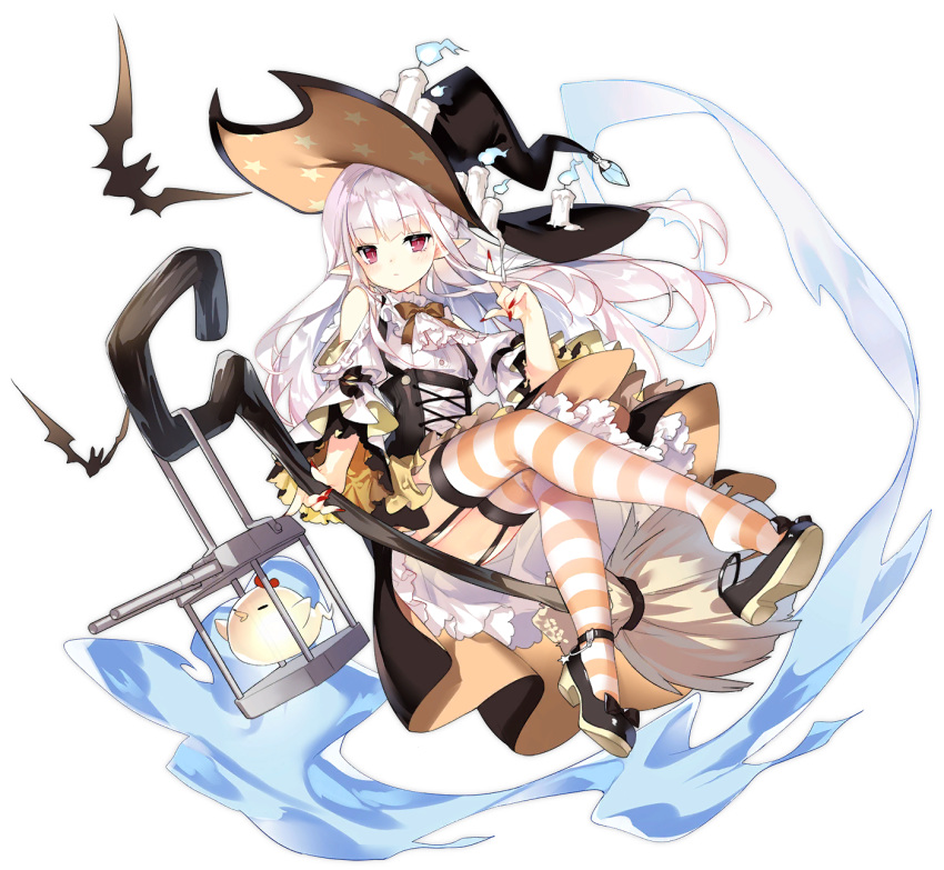 1girl ass azur_lane bare_shoulders bat black_headwear bow bowtie broom broom_riding candle closed_mouth erebus_(azur_lane) erebus_(wardrobe_witchery)_(azur_lane) full_body garter_straps ghost halloween hat high_heels highres index_finger_raised long_hair looking_at_viewer manjuu_(azur_lane) miniskirt nail_polish official_art pointy_ears red_eyes red_nails saru shirt shoe_dangle sidelocks skirt slit_pupils solo striped striped_legwear transparent_background turret underbust white_hair white_shirt witch witch_hat yellow_skirt