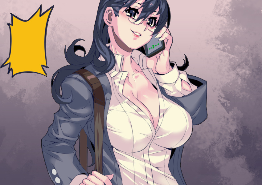 1girl absurdres bag bangs black_hair blazer blue_eyes breasts cleavage collared_shirt commentary_request fengmo glasses grin hair_between_eyes handbag highres holding holding_phone jacket large_breasts long_hair office_lady open_blazer open_clothes open_jacket open_shirt original phone shirt smile solo standing white_shirt