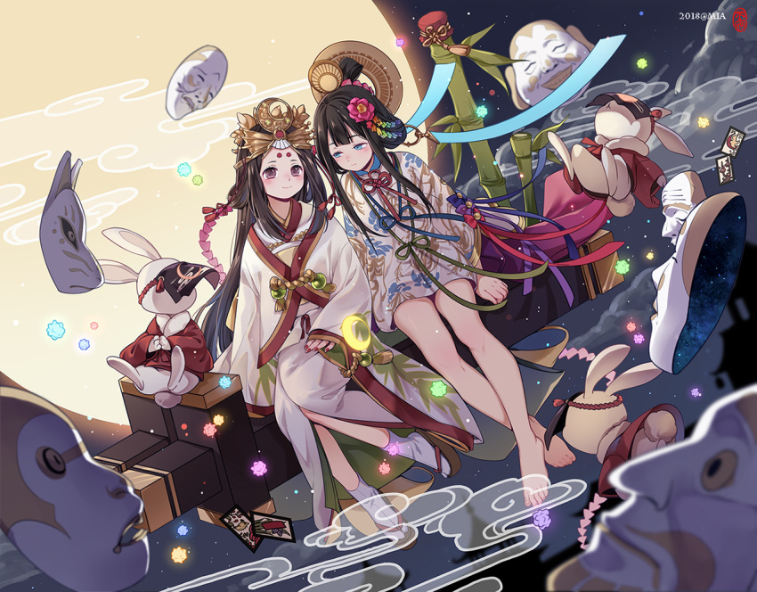 2girls animal bamboo bamboo_print bare_legs barefoot black_hair blue_eyes blurry blush bunny candy card clothed_animal crescent crossed_ankles depth_of_field dress dutch_angle egasumi facial_mark flower food forehead_mark fox_mask full_moon geta glowing hair_flower hair_ornament hanafuda japanese_clothes kaguya_(onmyoji) kimono knees_together_feet_apart knot konpeitou long_hair long_sleeves looking_at_another marble mask mask_removed menreiki mia0309 monkey_mask moon multiple_girls multiple_riders night night_sky noh_mask onmyoji print_dress purple_eyes rainbow_order red_nails ring_hair_ornament short_dress sidesaddle sitting sky sleeves_past_wrists streamers tabi tassel topknot very_long_hair white_kimono white_legwear