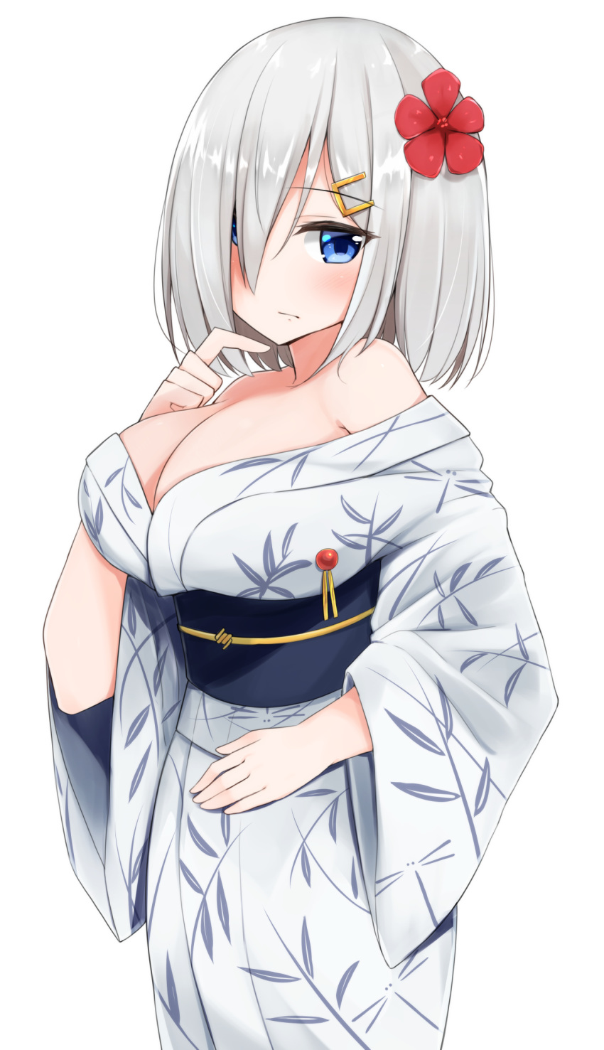 1girl alternate_costume bare_shoulders blue_eyes blush breasts cleavage closed_mouth cowboy_shot flower hair_flower hair_ornament hair_over_one_eye hairclip hamakaze_(kantai_collection) hand_up highres japanese_clothes kantai_collection kimono large_breasts leaf_print long_sleeves looking_at_viewer obi off-shoulder_kimono off_shoulder print_kimono red_flower sakikumo_(sakumo) sash silver_hair simple_background solo standing white_background white_kimono wide_sleeves yukata