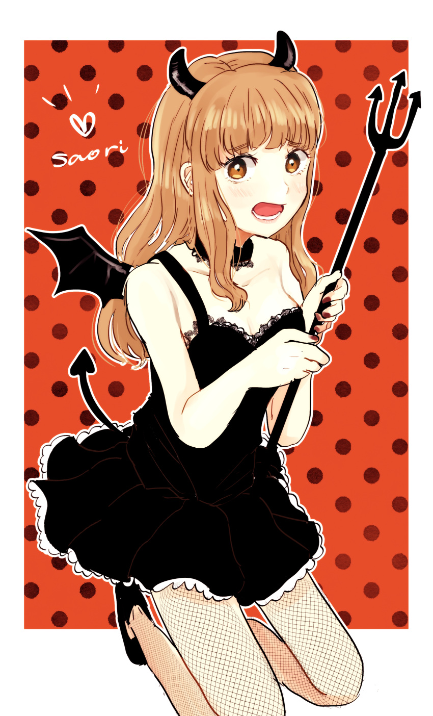 1girl absurdres arai_ako bangs black_choker black_dress black_footwear black_legwear black_nails blunt_bangs blush breasts bright_pupils character_name choker cleavage commentary_request demon_horns demon_tail demon_wings dress embarrassed eyebrows_visible_through_hair fishnet_pantyhose fishnets frown girls_und_panzer halloween_costume heart high_heels highres holding_pitchfork horns lace lace-trimmed_choker lace-trimmed_dress lace_trim long_hair looking_at_viewer medium_breasts nail_polish open_mouth orange_background orange_eyes orange_hair outline outside_border pantyhose partial_commentary pitchfork polka_dot polka_dot_background short_dress single_strap solo squatting tail takebe_saori white_outline white_pupils wings