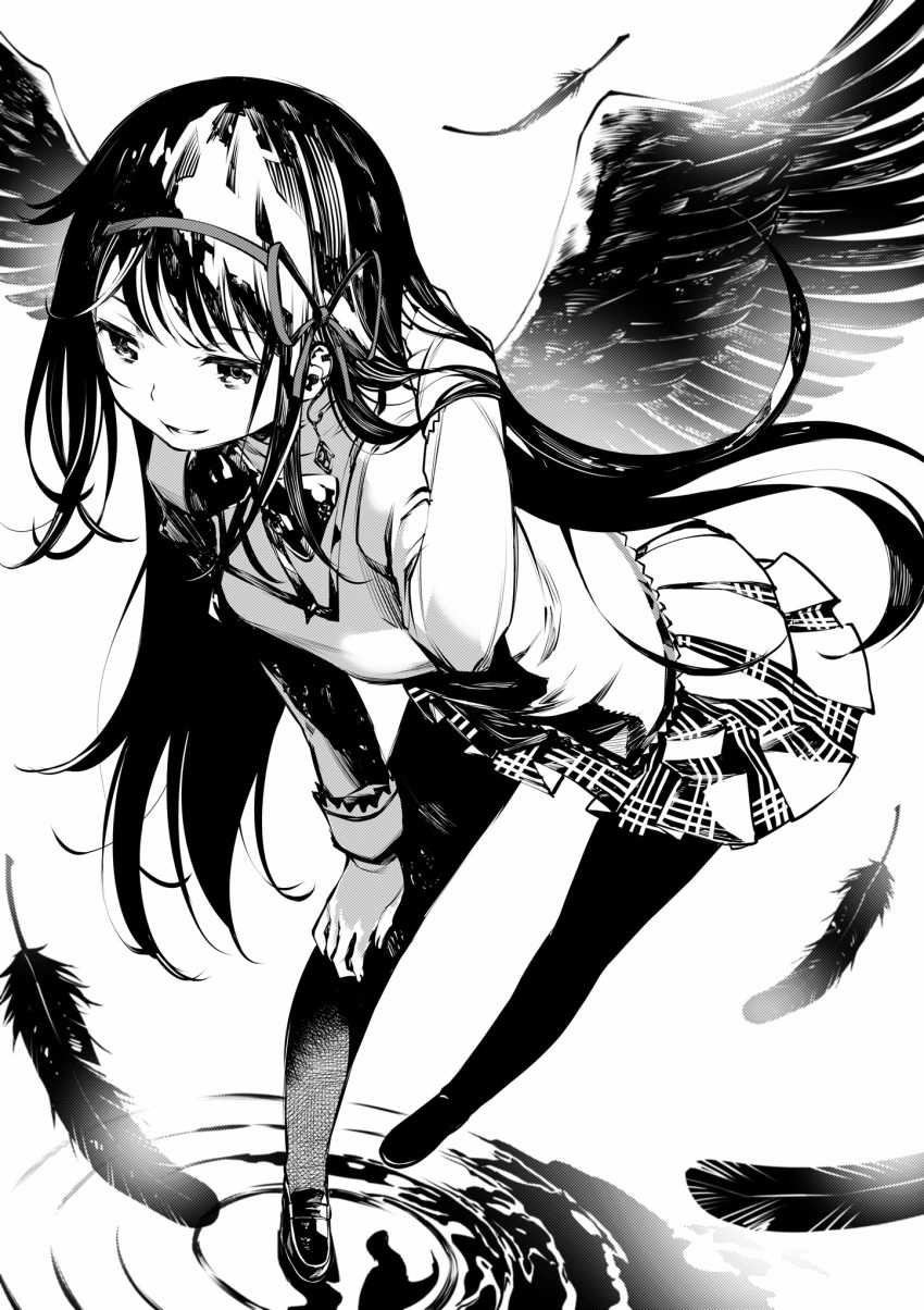 1girl akemi_homura akuma_homura black_eyes black_feathers black_hair black_legwear black_theme black_wings breasts commentary_request dutch_angle earrings evil_smile feathered_wings feathers floating_hair fukushima_masayasu greyscale hair_ribbon half-closed_eyes hand_in_hair hand_on_own_knee highres jewelry leaning leaning_forward light_smile loafers long_hair long_sleeves mahou_shoujo_madoka_magica mahou_shoujo_madoka_magica_movie mitakihara_school_uniform monochrome neck_ribbon open_mouth pantyhose plaid plaid_skirt pleated_skirt ribbon school_uniform shoes simple_background single_earring skirt small_breasts smile standing standing_on_liquid standing_on_one_leg straight_hair uniform white_background wings