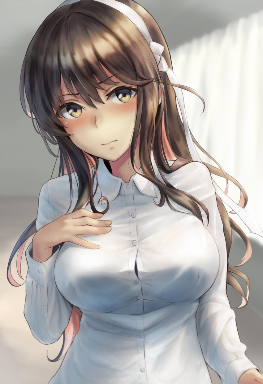 1girl bangs black_hair blurry blurry_background blush breasts buttons collared_shirt commentary_request curtains day fang fang_out hairband hand_on_own_chest head_tilt highres indoors kantai_collection kokuzoo large_breasts long_hair long_sleeves looking_at_viewer multicolored_hair naganami_(kantai_collection) partial_commentary pink_hair remodel_(kantai_collection) shirt sidelocks solo taut_clothes taut_shirt two-tone_hair wavy_hair white_hairband white_shirt window yellow_eyes