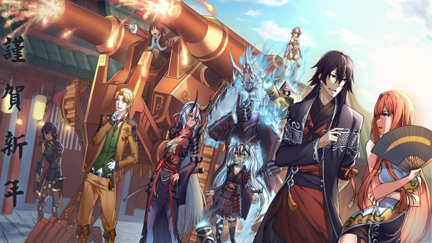 3boys 5girls architecture belt black_gloves black_hair black_horns blue_fire blue_sky boots breasts brown_footwear brown_suit cannon character_request cleavage day earrings east_asian_architecture fan fire forever_7th_capital formal gears gloves green_vest highres horns jewelry katana lantern long_hair looking_at_another multicolored_hair multiple_boys multiple_girls outdoors paper_fan paper_lantern pouch red_hair sakimeikun-daze sarashi sky standing suit sword tassel thighhighs twintails two-tone_hair vest weapon white_gloves white_hair