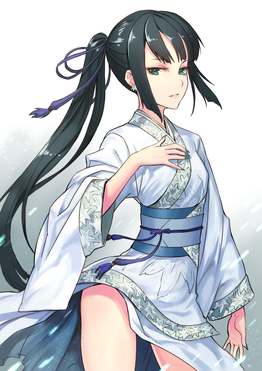 1girl bangs black_hair blue_ribbon breasts chinese_clothes earrings fate/grand_order fate_(series) fingernails flower_earrings gradient gradient_background green_eyes green_nails hair_ribbon hand_on_own_chest hanfu highres japanese_clothes jewelry jing_ke_(fate/grand_order) kimono long_fingernails long_hair looking_at_viewer nail_polish ninnin_(shishitou) obi parted_lips ponytail ribbon sash short_kimono side_ponytail sidelocks small_breasts solo thighs white_kimono wide_sleeves