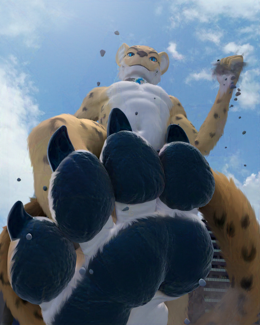360_fov anthro black_claws black_pawpads cheetah city cityscape claws collar collar_only debris earth feet felid feline first_person_view foot_fetish hi_res lapushis looking_at_viewer looking_down macro macro_male male mammal nude nude_anthro nude_male panorama panoramic pawpads planet solo stomp_fetish stomping stomping_viewer tail