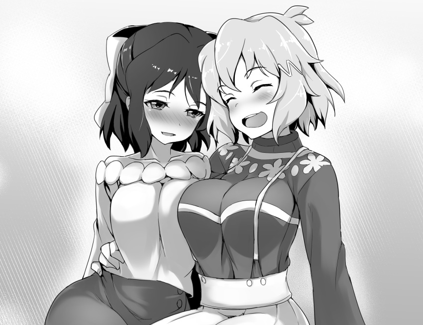 2girls arm_around_waist blush breasts closed_eyes collarbone commentary couple hair_ornament hair_ribbon hairclip hand_on_another's_hip happy highres hug kohinata_miku large_breasts long_sleeves looking_at_another monochrome multiple_girls neck open_mouth ribbon senki_zesshou_symphogear shanaharuhi short_hair simple_background skirt smile strap sweater tachibana_hibiki_(symphogear) teeth tongue two-tone_background yuri