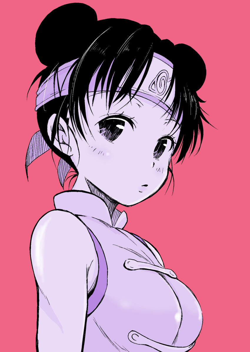 1girl bangs breasts chinese_clothes double_bun forehead_protector high_collar highres konohagakure_symbol light_blush limited_palette looking_at_viewer naruto naruto_(series) parted_lips purple_theme red_background shiiba_aki shirt short_hair sleeveless sleeveless_shirt solo tenten