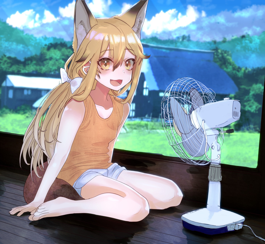 1girl absurdres animal_ears arm_support black_hair blush bow brown_eyes brown_hair collarbone day electric_fan extra_ears eyebrows_visible_through_hair ezo_red_fox_(kemono_friends) fang fox_ears hair_bow highres kemono_friends long_hair looking_at_viewer multicolored_hair open_mouth ponta_(matsuokazieg) sitting sleeveless smile solo two-tone_hair very_long_hair wariza white_bow