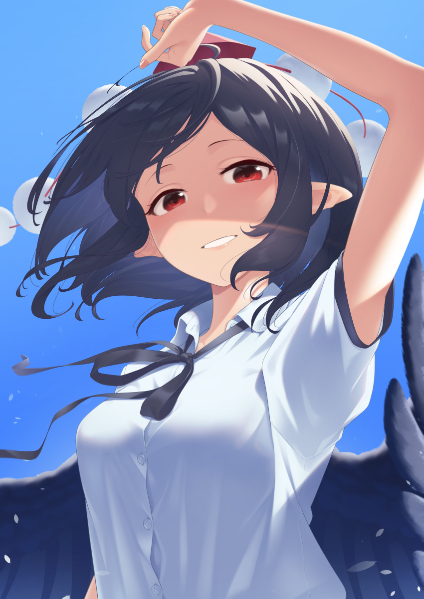 1girl absurdres arm_up bird_wings black_hair black_neckwear blue_sky breasts commentary day feathered_wings grin hair_blowing hat highres kanpa_(campagne_9) looking_at_viewer medium_breasts neck_ribbon outdoors pointy_ears pom_pom_(clothes) puffy_short_sleeves puffy_sleeves red_eyes red_headwear ribbon shaded_face shameimaru_aya shirt short_hair short_sleeves sky smile solo standing tokin_hat touhou upper_body white_shirt wind wings