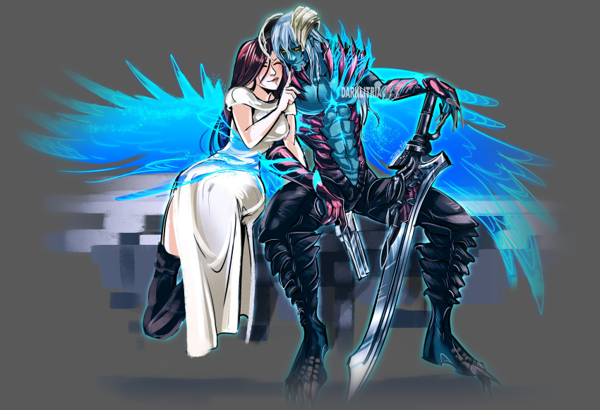 1boy 1girl abs absurdres alternate_form blue_skin brown_hair claws commentary couple darklitria demon_boy devil_may_cry devil_may_cry_5 devil_trigger dress english_commentary glowing glowing_wings grey_background hetero highres horns kyrie long_hair monster_boy nero_(devil_may_cry) parted_lips red_queen_(sword) shoulder_spikes silver_hair simple_background sitting smile spikes sword two-tone_skin weapon wings yellow_eyes