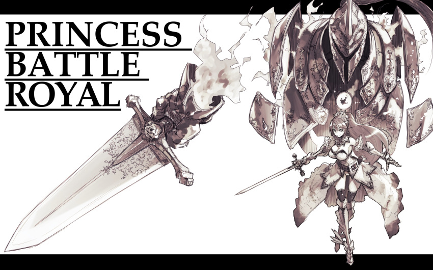 1girl armor bare_shoulders belt belt_buckle black_legwear breasts buckle cleavage dress earrings floating gauntlets greaves helmet highres holding holding_sword holding_weapon jewelry knight large_breasts long_hair monochrome oversized_clothes ponytail princess_battle_royale shoes smile spirit sword tiara tied_hair tsuyoshi_takaki weapon winged_shoes
