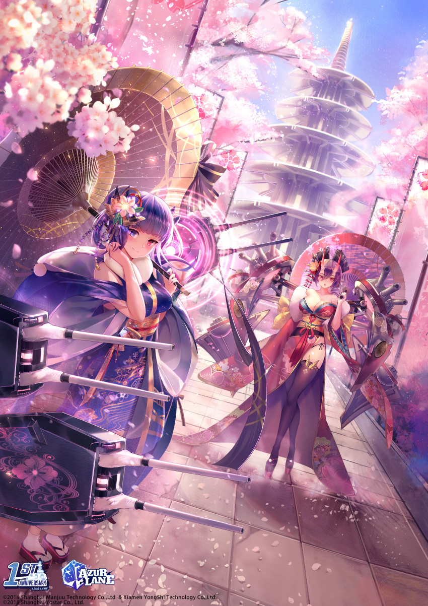 2girls :o absurdres architecture azur_lane bangs bare_shoulders black_legwear blue_eyes blue_hair blue_kimono blush breasts cherry_blossoms closed_mouth crossed_legs day detached_sleeves east_asian_architecture eyebrows_visible_through_hair fur_collar geta hair_between_eyes hair_ornament hand_up heterochromia highres holding holding_umbrella horns ibuki_(azur_lane) izumo_(azur_lane) janyhero japanese_clothes kimono large_breasts logo long_hair long_sleeves looking_at_viewer multiple_girls official_art oni_horns open_mouth oriental_umbrella outdoors petals pointy_ears purple_hair red_eyes red_kimono ribbon rigging sidelocks smile tabi thighhighs torii tree umbrella watermark watson_cross wide_sleeves