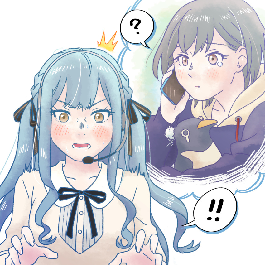 ! 2girls ? bang_dream! bang_dream!_it's_mygo!!!!! black_ribbon blue_hair blush braid brown_eyes commentary english_commentary grey_hair highres long_hair microphone multiple_girls neck_ribbon open_mouth ribbon short_hair simple_background smalltung spoken_exclamation_mark spoken_question_mark stuffed_animal stuffed_penguin stuffed_toy sweat takamatsu_tomori togawa_sakiko white_background yellow_eyes