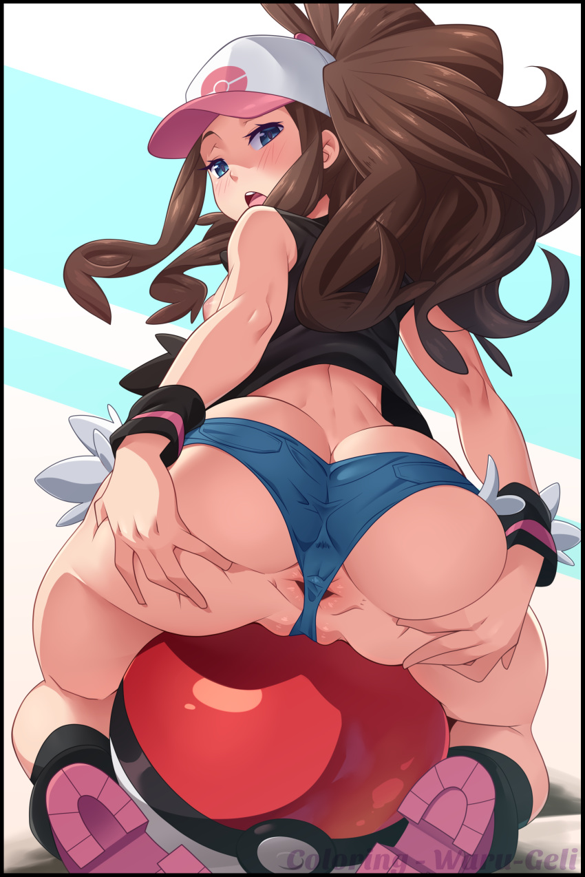 1girl :o absurdres anus ass ass_grab bare_shoulders baseball_cap black_border blue_eyes blush boots border breasts brown_hair butt_crack colorized denim denim_shorts from_behind full_body hat highres kneeling long_hair looking_at_viewer looking_back medium_breasts midriff nintendo nipples no_panties open_mouth partially_visible_anus partially_visible_vulva poke_ball pokemon pokemon_(game) pokemon_bw ponytail shorts sidelocks sitting_on_ball sleeveless solo spread_anus spread_ass tongue touko_(pokemon) uncensored upper_teeth vest waru-geli watermark wristband