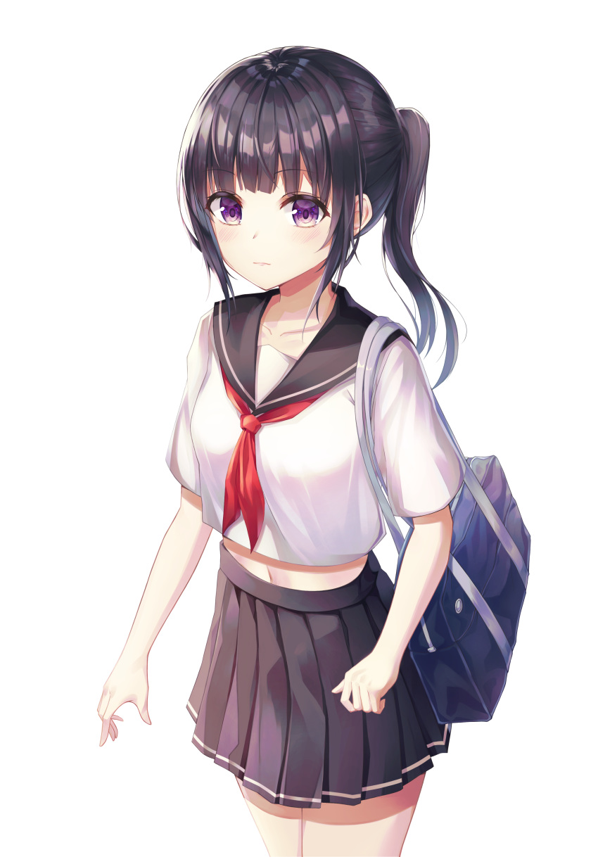 1girl absurdres bag bangs black_hair black_skirt blue_bag blush breasts closed_mouth collarbone commentary_request eyebrows_visible_through_hair gyungsin highres long_hair looking_at_viewer navel original pleated_skirt ponytail purple_eyes school_uniform serafuku short_sleeves simple_background skirt small_breasts