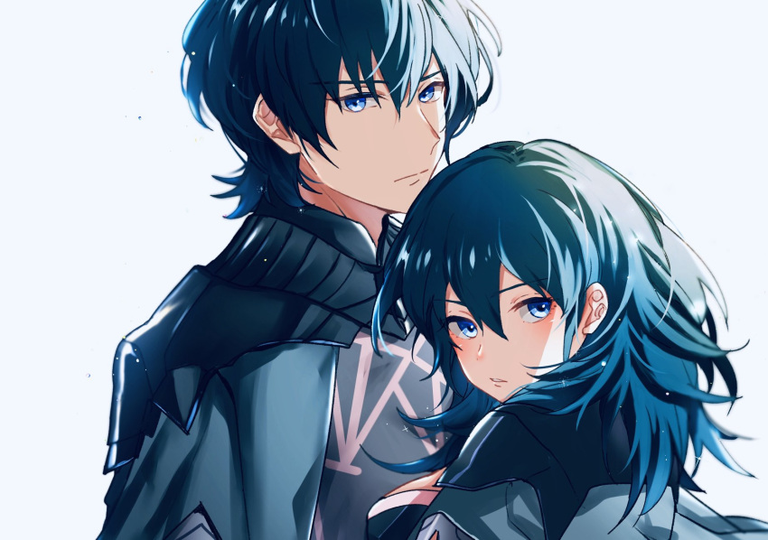 1boy 1girl armor blue_eyes blue_hair byleth_(fire_emblem) byleth_(fire_emblem)_(female) byleth_(fire_emblem)_(male) closed_mouth fire_emblem fire_emblem:_three_houses highres looking_back medium_hair nekolook parted_lips short_hair simple_background upper_body white_background