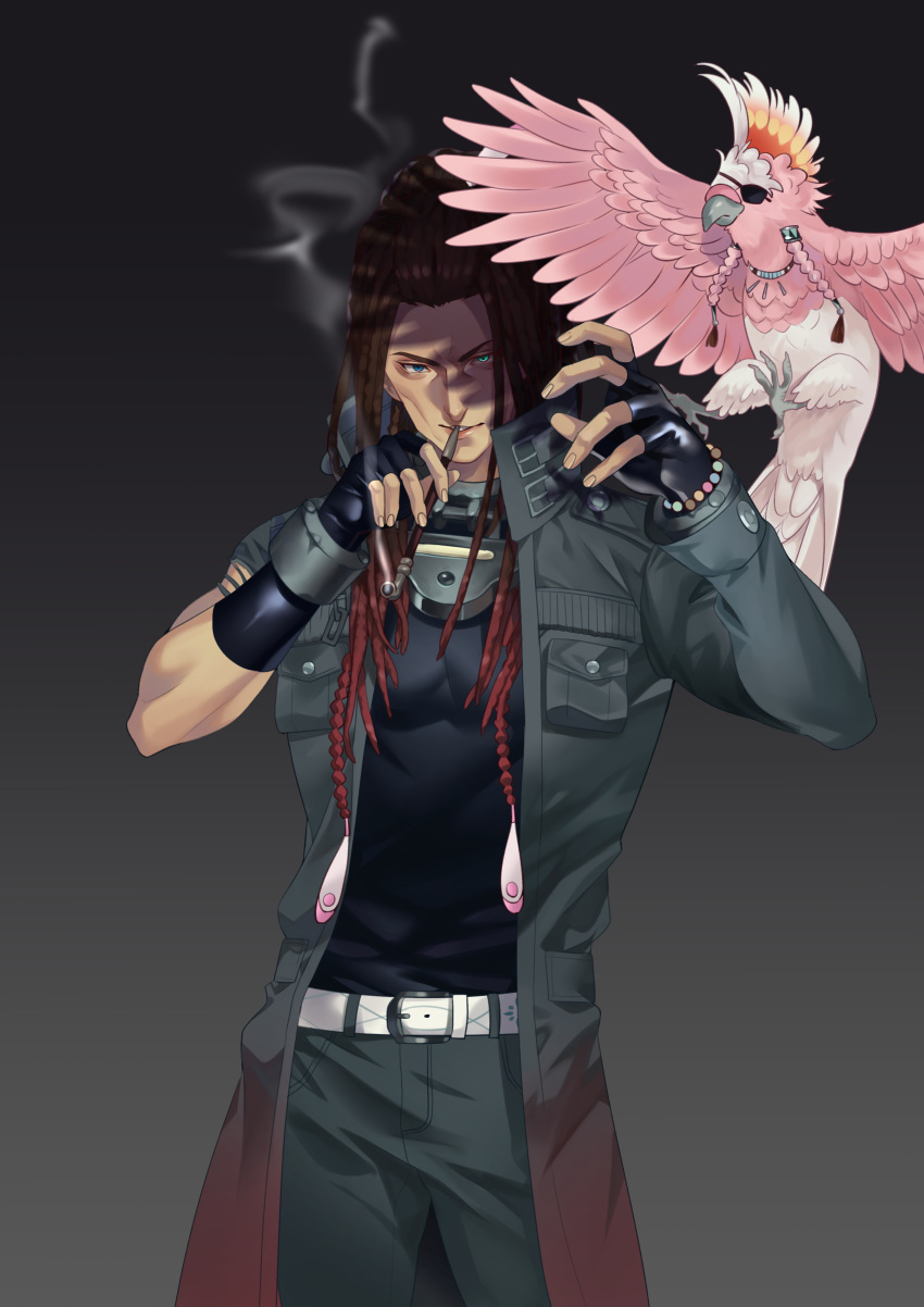 1boy absurdres belt bird black_background black_coat black_gloves black_pants black_shirt blue_eyes bracelet brown_hair cockatoo commentary_request dark_background dramatical_murder eyepatch fingerless_gloves gloves hairlocs highres holding holding_pipe jewelry kitikumeganer long_hair long_sleeves male_focus mink_(dramatical_murder) open_clothes open_mouth pants parrot pipe pocket shirt short_sleeves simple_background single_sleeve smoke smoking standing tori_(dramatical_murder) white_belt