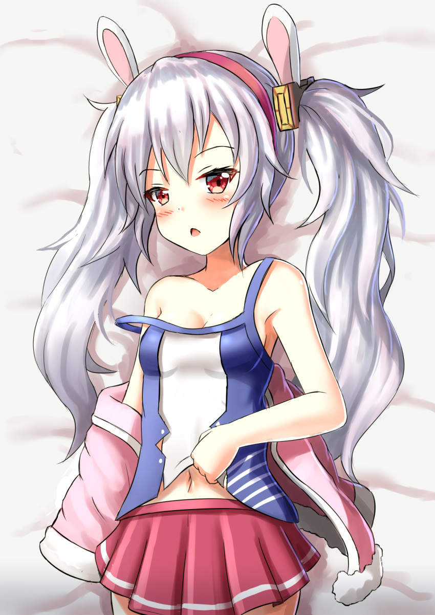 1girl animal_ears arlly_radithia azur_lane bangs bed_sheet blush breasts bunny_ears camisole cleavage collarbone commentary_request eyebrows_visible_through_hair hair_between_eyes hair_ornament hairband highres jacket laffey_(azur_lane) long_hair looking_at_viewer lying navel off_shoulder on_back open_clothes open_jacket parted_lips pink_jacket pleated_skirt red_eyes red_hairband red_skirt silver_hair skirt small_breasts solo strap_slip twintails very_long_hair white_camisole