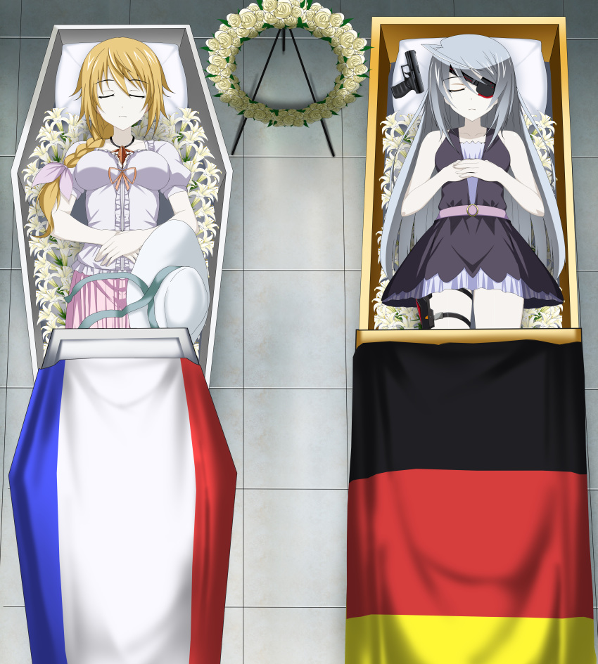 2girls absurdres blonde_hair charlotte_dunois closed_eyes coffin corpse eyepatch flower french_flag funeral german_flag gun handgun hat hat_ribbon highres huge_filesize infinite_stratos laura_bodewig lazy_tiger long_hair multiple_girls pale_skin pistol ponytail ribbon silver_hair silver_ribbon weapon white_headwear