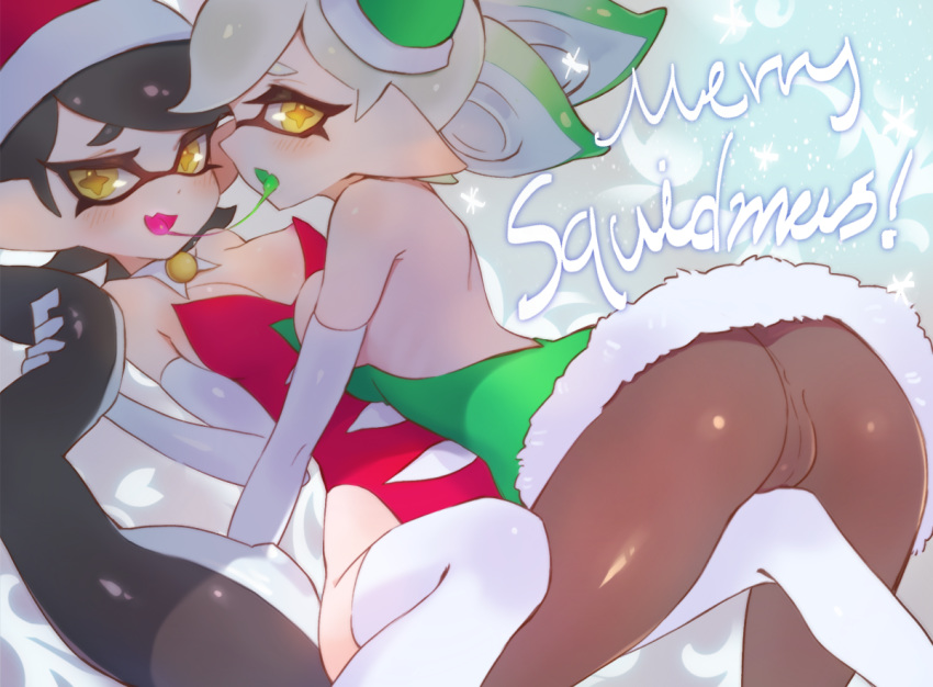 +_+ 2girls :d aori_(splatoon) areola_slip areolae ass bare_shoulders between_legs black_hair blush breasts brown_legwear christmas cleavage cousins detached_collar domino_mask dress elbow_gloves fang fur-trimmed_dress fur_trim furrowed_eyebrows gloves gradient_hair green_dress green_hair green_tongue grinding hat hotaru_(splatoon) incest jtveemo leotard long_hair mask medium_breasts multicolored_hair multiple_girls open_mouth pantyhose pointy_ears red_hat red_leotard saliva saliva_trail santa_hat short_hair sideways_mouth silver_hair smile splatoon splatoon_(series) splatoon_1 strapless strapless_dress strapless_leotard suction_cups symbol-shaped_pupils tentacle_hair thighhighs two-tone_hair very_long_hair white_gloves white_legwear yellow_eyes yuri