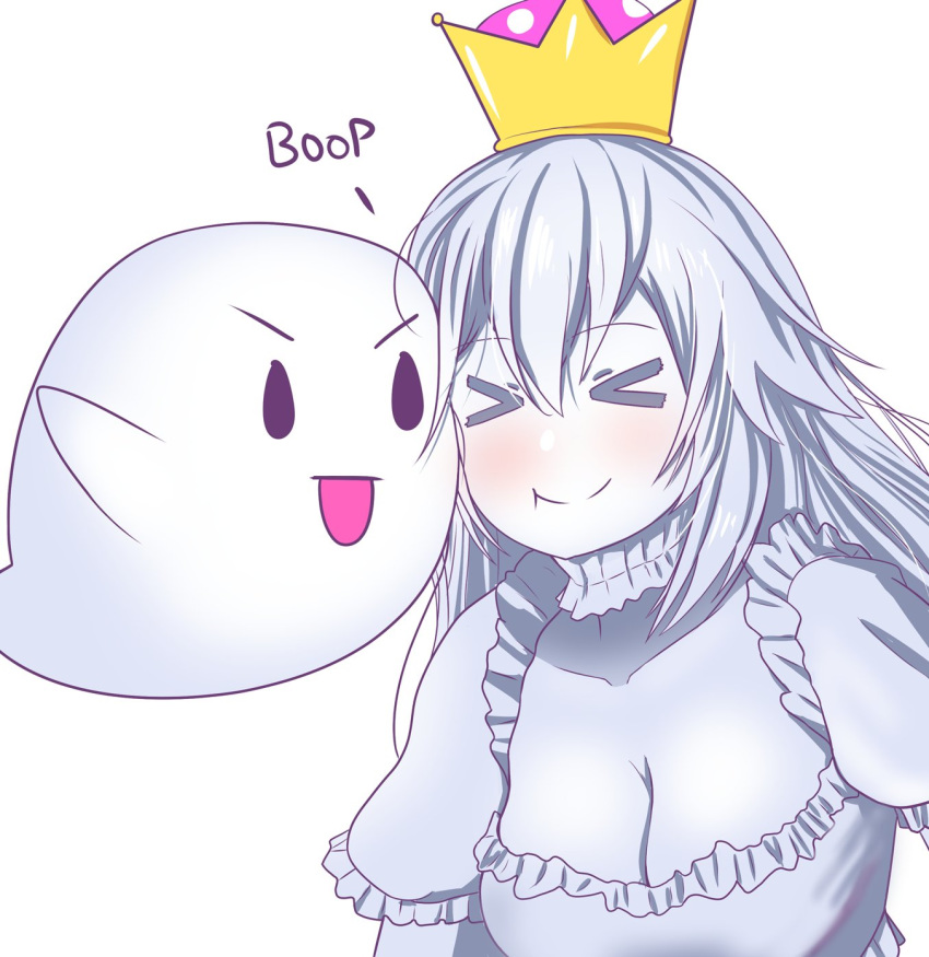 &gt;_&lt; 1girl :d bangs blush boo breasts cheek-to-cheek cleavage closed_eyes collarbone commentary crown dress english_commentary frills hair_between_eyes highres large_breasts long_hair luigi's_mansion mario_(series) new_super_mario_bros._u_deluxe open_mouth princess_king_boo puffy_short_sleeves puffy_sleeves short_sleeves silver_hair simple_background smile super_crown the_only_shoe upper_body v-shaped_eyebrows white_background white_dress white_skin xt