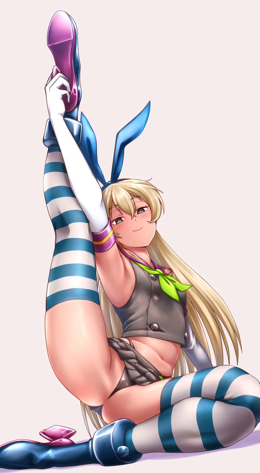 1girl absurdres alternate_color anchor_hair_ornament black_hairband black_panties blonde_hair blush breasts closed_mouth commentary_request crop_top elbow_gloves eyebrows_visible_through_hair eyes_visible_through_hair gloves grey_eyes hair_ornament hairband highleg highleg_panties highres kantai_collection kobamiso_(kobalt) lifebuoy long_hair looking_at_viewer microskirt miniskirt panties player_2 sailor_collar school_uniform serafuku shimakaze_(kantai_collection) sitting skirt small_breasts smile solo striped striped_legwear thighhighs underwear white_gloves