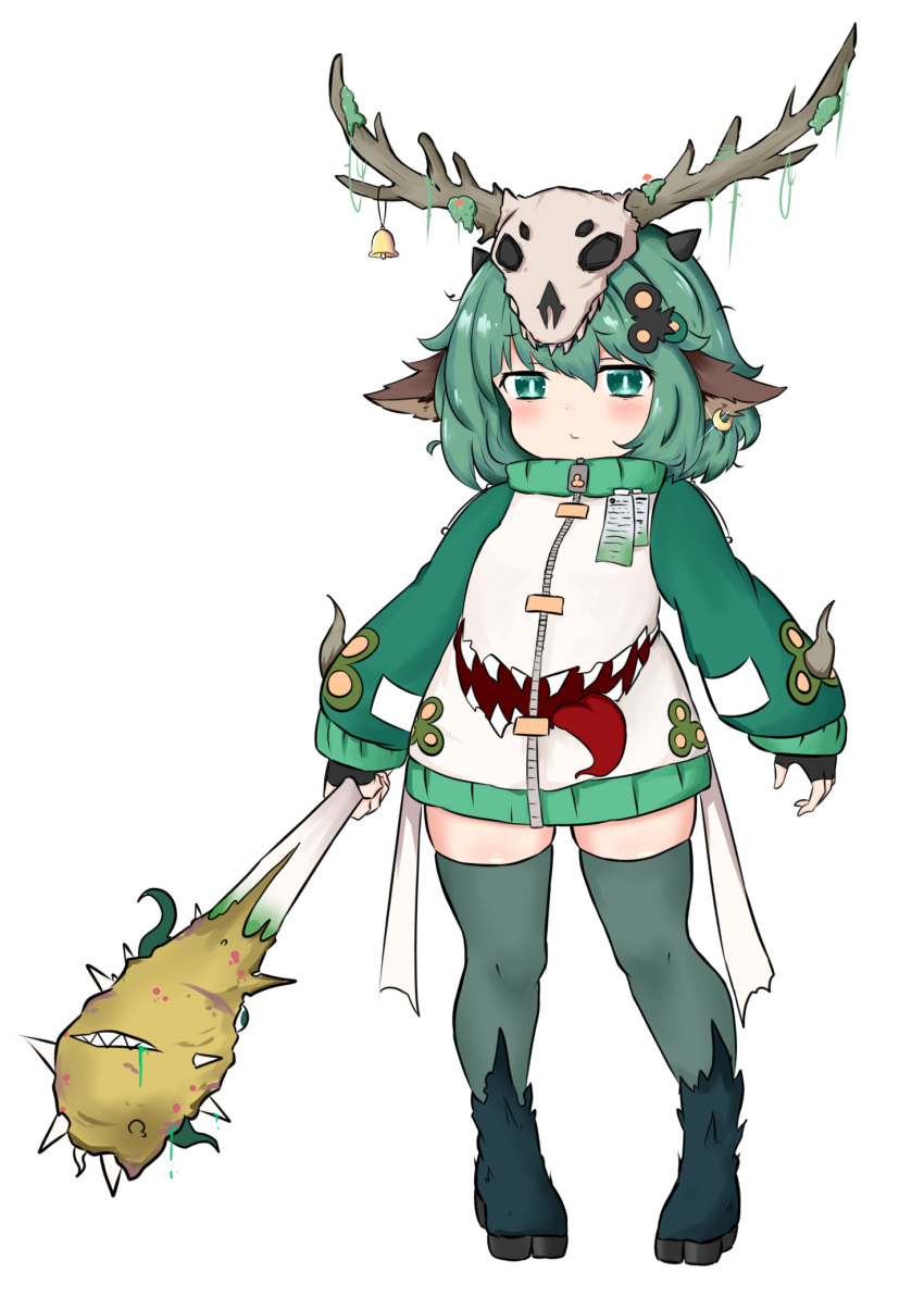 1girl animal_ears antlers bailingxiao_jiu bangs bell black_gloves blush closed_mouth ear_piercing eyebrows_visible_through_hair fingerless_gloves full_body glint gloves green_eyes green_hair green_legwear hair_between_eyes hair_ornament highres holding hooves horns jacket long_sleeves monster_girl original piercing puffy_long_sleeves puffy_sleeves simple_background skull_hat sleeves_past_wrists solo standing thighhighs white_background white_jacket