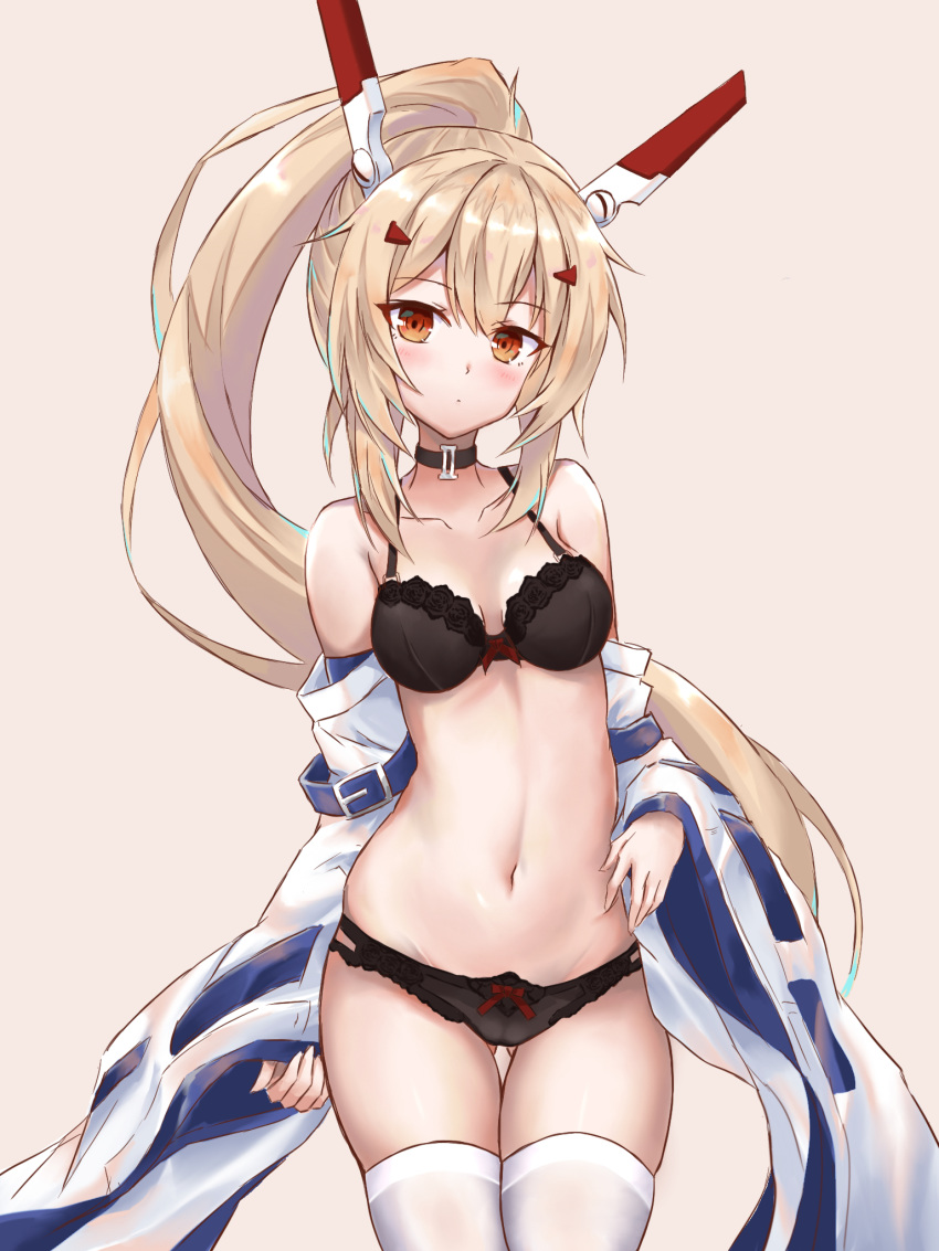 1girl ayanami_(azur_lane) azur_lane bare_shoulders belt black_bra black_panties bow bow_bra bow_panties bra choker collarbone commentary_request detached_sleeves grey_background head_tilt headgear highres long_hair looking_at_viewer midriff navel orange_eyes panties ponytail resonancq retrofit_(azur_lane) silver_hair simple_background solo underwear white_legwear wide_sleeves