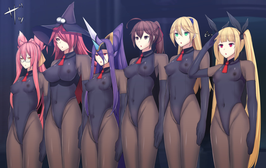 6+girls ahoge bangs black_gloves black_legwear black_leotard black_sclera blazblue blonde_hair blunt_bangs blurry blurry_background brainwashing breasts brown_eyes brown_hair celica_a_mercury commentary_request covered_navel covered_nipples daiaru dark_background elbow_gloves facing_viewer glasses gloves green_eyes hair_between_eyes hair_over_one_eye hair_ribbon hat headgear highleg highleg_leotard impossible_clothes impossible_leotard indoors kokonoe konoe_a_mercury large_breasts leotard long_hair medium_breasts mikado_(blazblue) multiple_girls noel_vermillion pink_hair ponytail rachel_alucard red_eyes red_hair ribbon salute shadaloo_dolls skin_tight small_breasts standing stasis_tank twintails witch_hat yellow_eyes