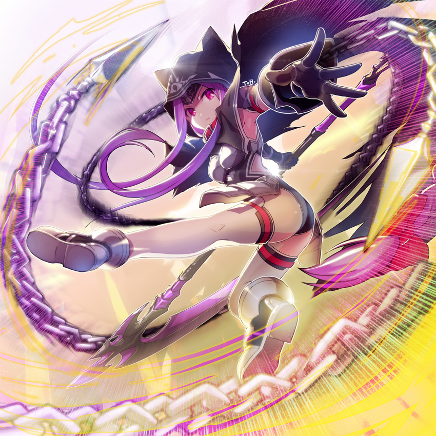 1girl armor armpits ass black_cape black_gloves black_leotard boots braid breastplate cape chain collar commentary_request expressionless fate/grand_order fate_(series) from_below gloves highres hood legs leotard long_braid long_hair looking_down medusa_(lancer)_(fate) outstretched_arm purple_eyes purple_hair rider ripodpotato scythe shaded_face single_braid solo thigh_strap thighhighs very_long_hair weapon white_legwear wind wind_lift