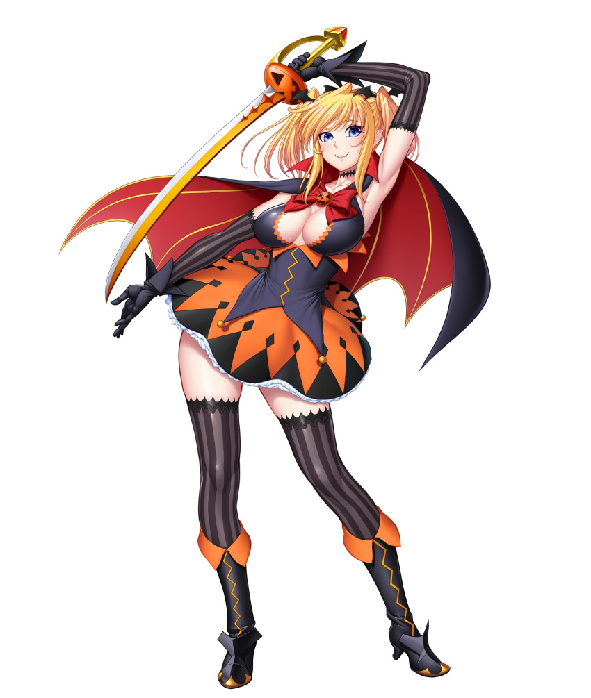1girl absurdres arm_up armpits bangs blonde_hair blue_eyes boots breasts cape choker cleavage closed_mouth commentary_request dress elbow_gloves eyebrows eyebrows_visible_through_hair full_body gloves hair_between_eyes hair_ribbon halloween_costume highres holding holding_sword holding_weapon large_breasts lips looking_at_viewer official_art pointy_ears ribbon shinganji_kurenai shiny shiny_clothes shiny_hair short_dress short_twintails simple_background smile solo standing striped striped_legwear sword taimanin_(series) taimanin_asagi_kessen_arena taimanin_kurenai thighhighs twintails vertical-striped_legwear vertical_stripes weapon zettai_ryouiki zol