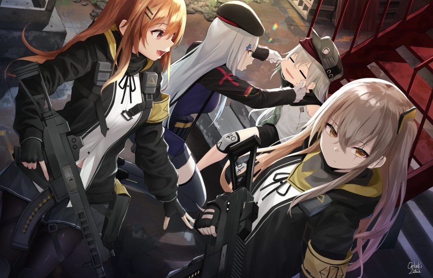 404_(girls_frontline) 4girls armband assault_rifle bangs beret black_gloves black_legwear blunt_bangs breasts brown_eyes brown_hair eyebrows_visible_through_hair fingerless_gloves g11_(girls_frontline) girls_frontline gloves green_eyes grey_hair gun h&amp;k_ump h&amp;k_ump45 h&amp;k_ump9 hair_between_eyes hair_ornament hairclip hat heckler_&amp;_koch highres hk416_(girls_frontline) holding holding_gun holding_weapon jacket long_hair looking_at_viewer medium_breasts multiple_girls oekakizuki one_side_up open_clothes open_mouth outdoors pantyhose ribbon rifle scar scar_across_eye shirt signature silver_hair skirt smile stairs submachine_gun twintails ump45_(girls_frontline) ump9_(girls_frontline) untucked_shirt very_long_hair weapon white_shirt