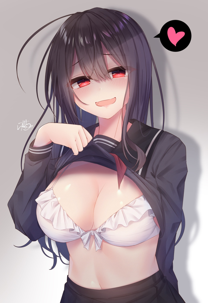 1girl :d ? arm_behind_back bangs bikini bikini_under_clothes black_hair black_sailor_collar black_serafuku black_shirt blush breasts cleavage commentary_request eyebrows_visible_through_hair frilled_bikini frills gradient gradient_background grey_background hair_between_eyes highres large_breasts lifted_by_self long_hair long_sleeves looking_at_viewer open_mouth original ramchi red_eyes sailor_collar school_uniform serafuku shaded_face shirt shirt_lift signature smile solo speech_bubble spoken_question_mark swimsuit upper_body white_bikini yandere