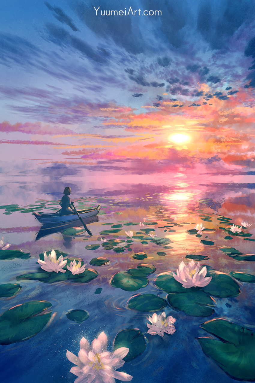 1girl boat cloud english_commentary facing_away flower from_behind highres lily_pad lotus oar original ripples sky solo sunset water watercraft watermark web_address wenqing_yan