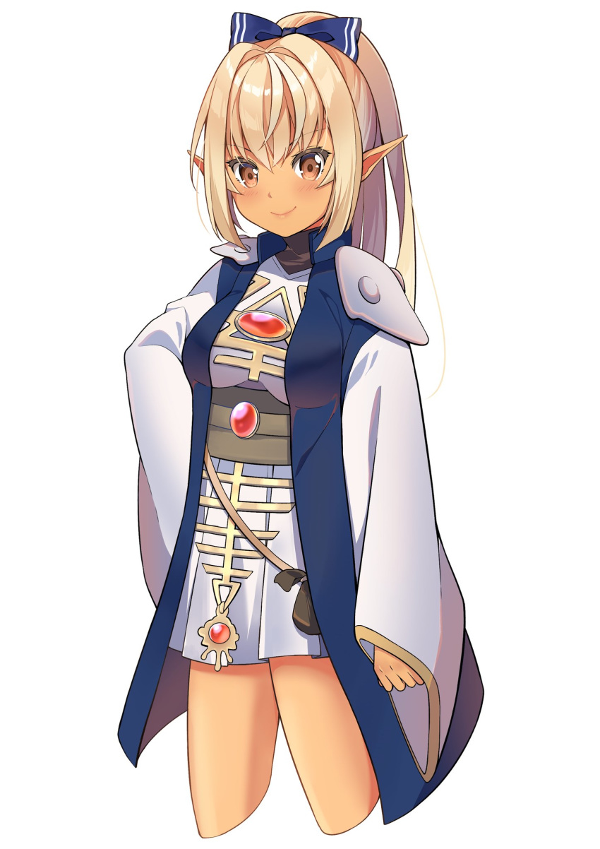 1girl alternate_costume blonde_hair blush bow breasts brown_eyes dark_skin elf farseer gem hair_bow hair_ornament highres hololive lips long_hair long_ponytail long_sleeves looking_at_viewer medium_breasts pointy_ears ponytail sasha_chii shiranui_flare smile solo thighs virtual_youtuber warhammer_40k white_background white_sleeves