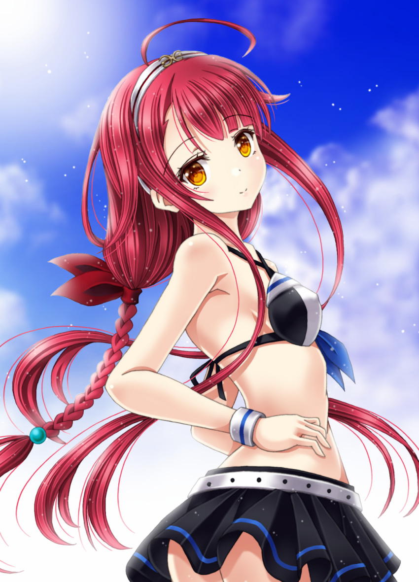 1girl ahoge alternate_costume amou_yuu belt bikini bikini_skirt braid breasts cloud cloudy_sky commentary_request eyebrows_visible_through_hair hair_between_eyes hair_ribbon hairband hands_on_hips highres kantai_collection kawakaze_(kantai_collection) long_hair looking_at_viewer looking_to_the_side orange_eyes red_hair red_ribbon ribbon sidelocks sky small_breasts smile solo swimsuit twin_braids very_long_hair wristband