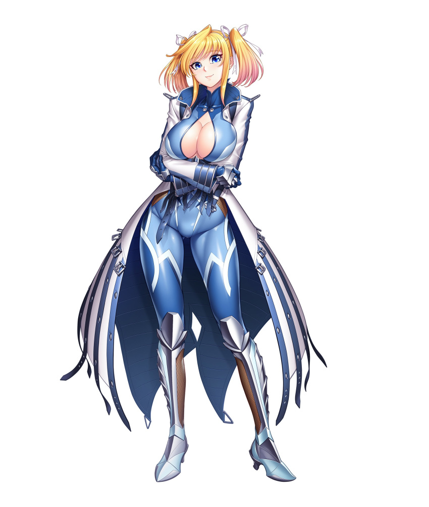 1girl absurdres armor armored_boots bangs belt blonde_hair blue_eyes bodysuit boots breasts buckle cleavage closed_mouth coat commentary_request crossed_arms eyebrows eyebrows_visible_through_hair fishnets full_body gloves hair_between_eyes hair_ribbon high_heel_boots high_heels highres large_breasts long_sleeves looking_at_viewer ninja official_art open_clothes open_coat pointy_ears ribbon shinganji_kurenai shiny shiny_clothes shiny_hair short_twintails simple_background skin_tight smile solo standing taimanin_(series) taimanin_asagi_kessen_arena taimanin_kurenai turtleneck twintails zol