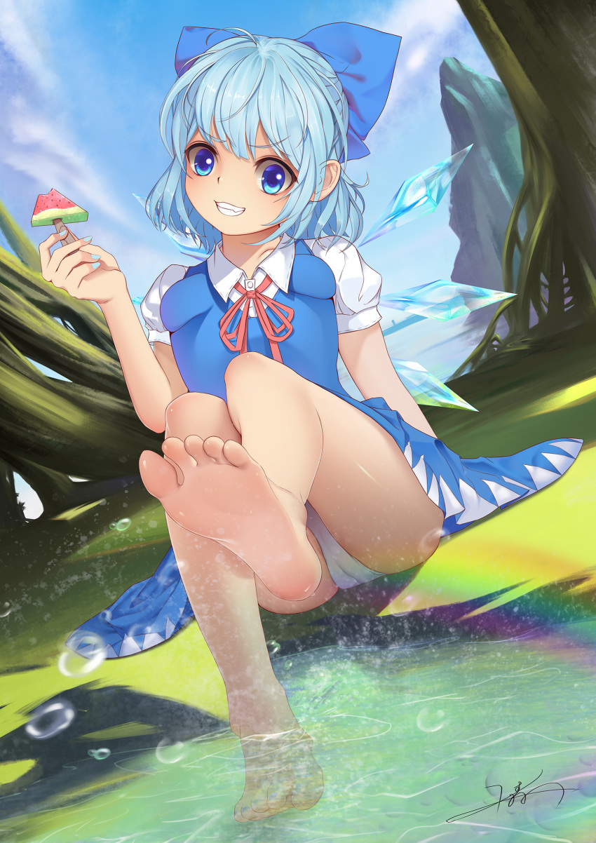 1girl absurdres bare_arms bare_legs barefoot blue_eyes blue_hair bow breasts cirno commentary_request day dress dutch_angle eyebrows_visible_through_hair fingernails grin hair_bow hand_up head_tilt highres holding ice ice_wings impossible_clothes impossible_dress looking_at_viewer medium_hair neck_ribbon outdoors panties pantyshot pantyshot_(sitting) ribbon short_sleeves sidelocks signature sitting small_breasts smile soles solo splashing toes touhou underwear v-shaped_eyebrows water white_panties wings xiumu_bianzhou