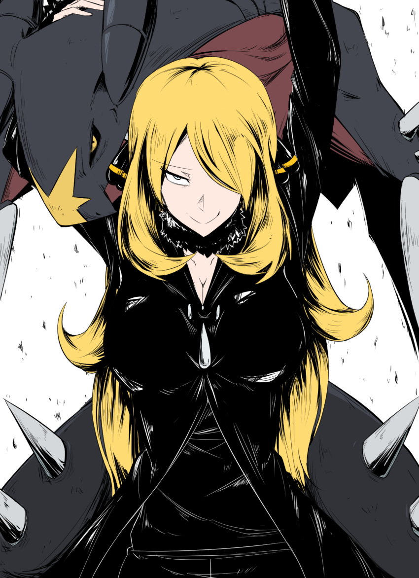 1girl arms_around_neck arms_up bangs behind_another black_coat black_pants black_sclera black_sweater blonde_hair breasts cleavage closed_mouth coat cowboy_shot debris detached_collar flipped_hair fur_collar garchomp gen_4_pokemon hair_ornament hair_over_one_eye half-closed_eye height_difference highres large_breasts long_hair long_sleeves pants parted_bangs pokemon pokemon_(creature) pokemon_(game) pokemon_dppt shirona_(pokemon) slit_pupils smile smug spikes suzusiigasuki sweater very_long_hair yellow_eyes