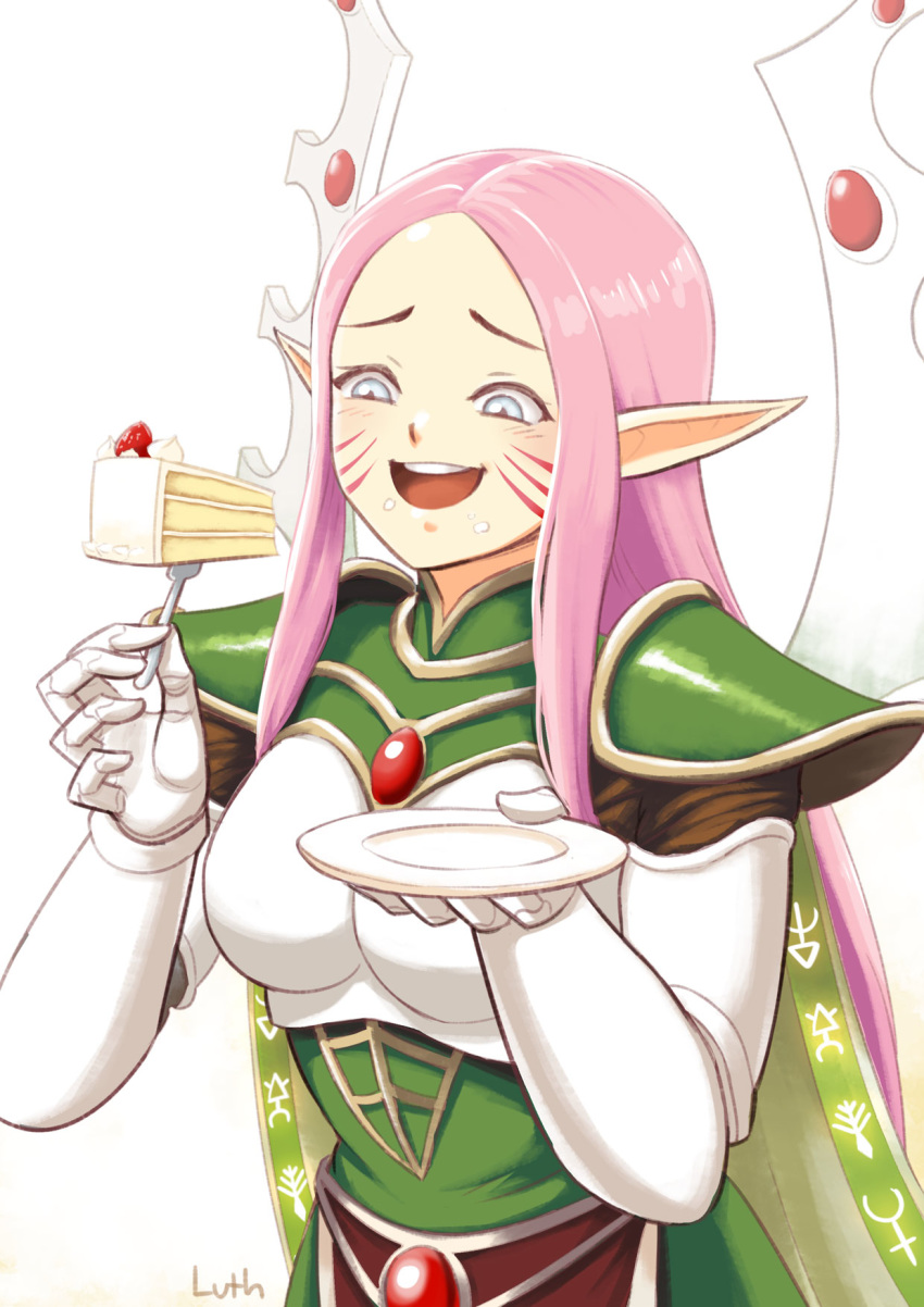 1girl alternate_hair_color artist_name body_armor cake eating eldar elf facial_mark farseer food fork happy highres lutherniel macha_(warhammer) pink_hair plate pointy_ears solo warhammer_40k