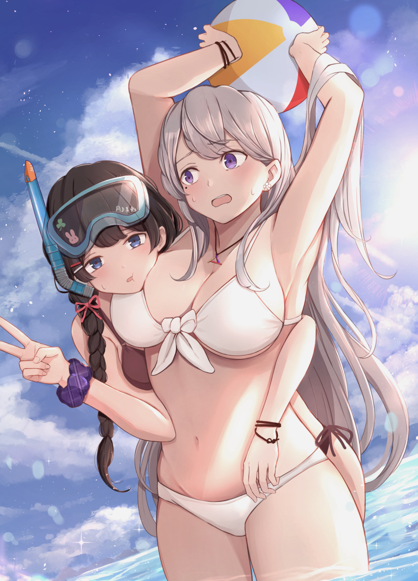 2girls absurdres arms_up ball beachball bikini black_bikini black_hair blue_eyes blue_sky braid cloud cowboy_shot day diving_mask dodon_gadon grey_hair hair_over_shoulder highres higuchi_kaede looking_at_viewer mole mole_under_eye multiple_girls nijisanji outdoors plaid plaid_scrunchie purple_eyes purple_scrunchie scrunchie side-tie_bikini single_braid sky snorkel standing sun swimsuit tsukino_mito virtual_youtuber