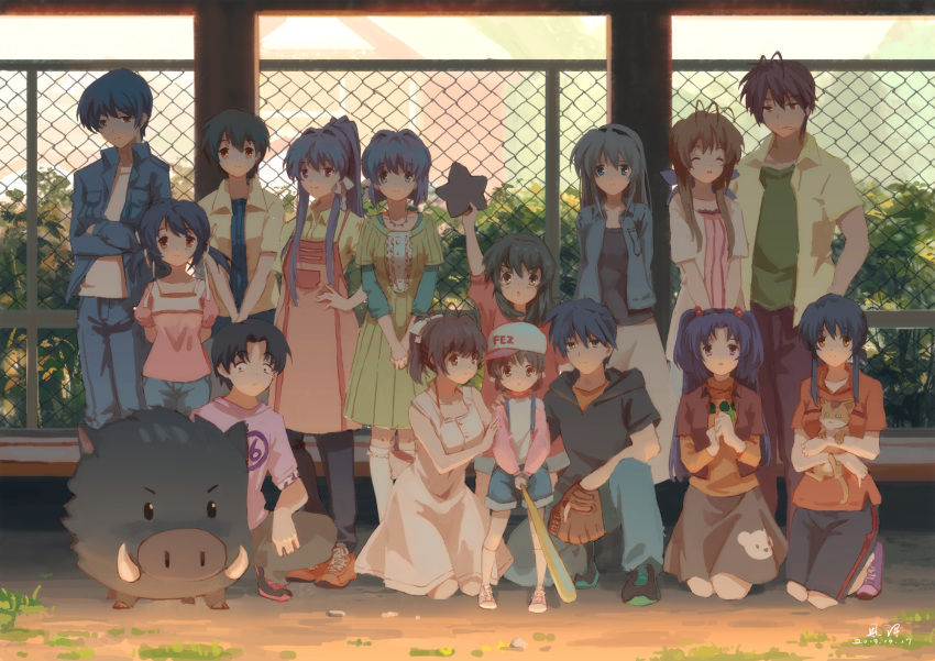 4boys 6+girls :o ^_^ animal antenna_hair apron arm_up arms_behind_back bangs baseball_bat baseball_cap baseball_mitt black_hair blue_hair blue_jacket blue_pants blue_shorts boar botan_(clannad) brown_eyes brown_hair cat chain-link_fence character_request child clannad closed_eyes closed_mouth collarbone commentary_request crossed_arms dated denim dress everyone eyebrows_visible_through_hair fence fujibayashi_kyou fujibayashi_ryou furukawa_akio furukawa_nagisa furukawa_sanae green_dress hair_bobbles hair_intakes hair_ornament hair_ribbon hand_on_hip hat highres holding holding_animal hood hood_down jacket jeans jewelry kneehighs kneeling long_hair long_sleeves looking_at_viewer making-of_available multiple_boys multiple_girls necklace okazaki_tomoya one_knee open_clothes open_jacket orange_footwear outdoors own_hands_together pants ponytail puffy_short_sleeves puffy_sleeves purple_eyes ribbon shirt shoes short_hair short_over_long_sleeves short_sleeves shorts sidelocks signature skirt sleeveless sleeveless_dress smile sneakers squatting standing star suspender_shorts suspenders t-shirt twintails two_side_up white_dress white_legwear white_ribbon white_skirt xiaobanbei_milk yellow_shirt