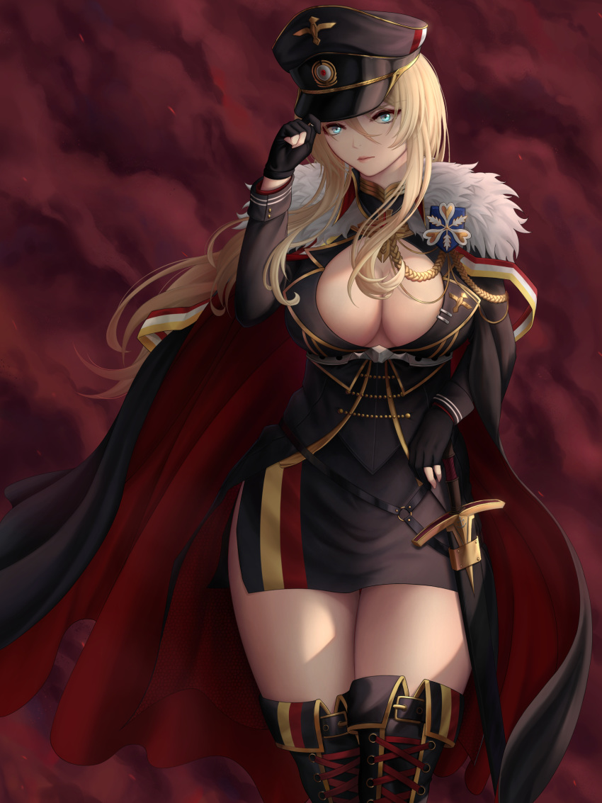 1girl adjusting_headwear azur_lane bangs bismarck_(azur_lane) black_dress black_gloves black_legwear blonde_hair blue_eyes boots breasts cape cleavage cowboy_shot cross-laced_footwear dress english_commentary eyebrows_visible_through_hair floating_hair fur_trim german_flag gloves hair_between_eyes hand_on_hilt hat highres lace-up_boots large_breasts long_hair looking_at_viewer military military_uniform partly_fingerless_gloves peaked_cap side_slit sidelocks solo standing thigh_boots thighhighs thighs uniform zaphn zettai_ryouiki