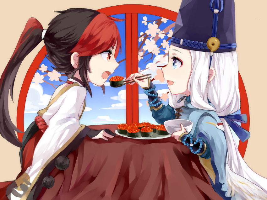 2boys abe_no_seimei_(onmyoji) beads black_hair blue_eyes blue_ribbon blue_sky bowl cherry_blossoms chibi chinese_clothes chopsticks cloud eating hat highres holding holding_bowl holding_chopsticks jewelry long_hair long_sleeves looking_at_another male_focus minamoto_no_hiromasa multicolored_hair multiple_boys onmyoji open_mouth ponytail red_eyes red_hair ribbon sky table tate_eboshi tiyi_(tiyi_a09) two-tone_hair very_long_hair white_hair window