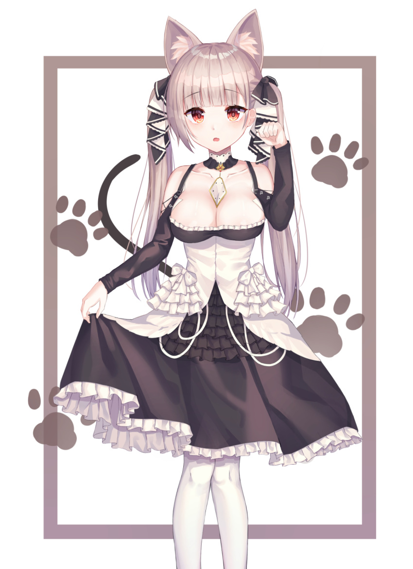 1girl animal_ears azur_lane bangs bare_shoulders between_breasts black_dress breasts brown_background brown_hair cat_ears cat_girl cat_tail cleavage collarbone commentary_request dress eyebrows_visible_through_hair fang formidable_(azur_lane) frilled_dress frills hand_up highres kemonomimi_mode large_breasts long_hair long_sleeves open_mouth pantyhose paw_background paw_pose red_eyes shiro_(acad1213) shoulder_cutout solo tail tail_raised twintails two-tone_background very_long_hair white_background white_legwear