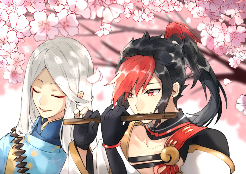 2boys abe_no_seimei_(onmyoji) asymmetrical_bangs asymmetrical_gloves bangs black_gloves black_hair cherry_blossoms chinese_clothes closed_eyes closed_mouth collar collarbone flower flute gloves high_ponytail highres holding holding_instrument instrument long_hair looking_at_another male_focus minamoto_no_hiromasa multicolored_hair multiple_boys onmyoji open_mouth partly_fingerless_gloves pink_flower red_eyes red_hair tiyi_(tiyi_a09) two-tone_hair white_hair yugake