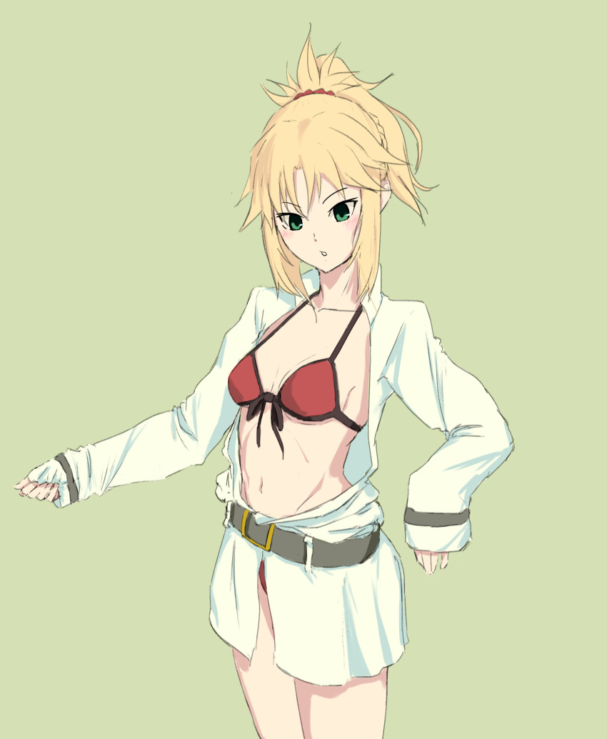 1girl :o alternate_costume blonde_hair blush braid breasts fate/grand_order fate_(series) french_braid green_background green_eyes groin highres mordred_(fate)_(all) mordred_(swimsuit_rider)_(fate) navel oishii2929 ponytail sleeves_past_wrists small_breasts solo