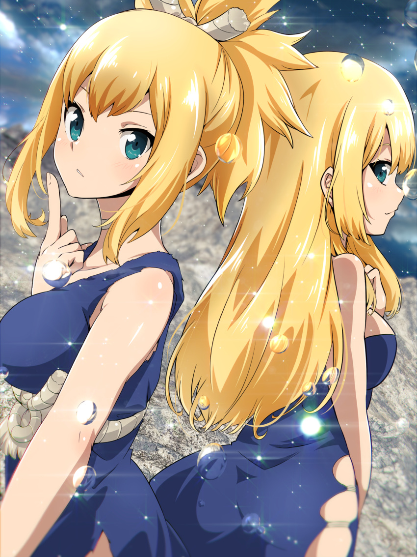 2girls bangs blonde_hair blue_dress blue_eyes blush dr._stone dress highres kohaku_(dr._stone) looking_at_viewer multiple_girls rope_belt ruri_(dr._stone) shiny shiny_hair shiny_skin siblings sisters tom_(drpow)